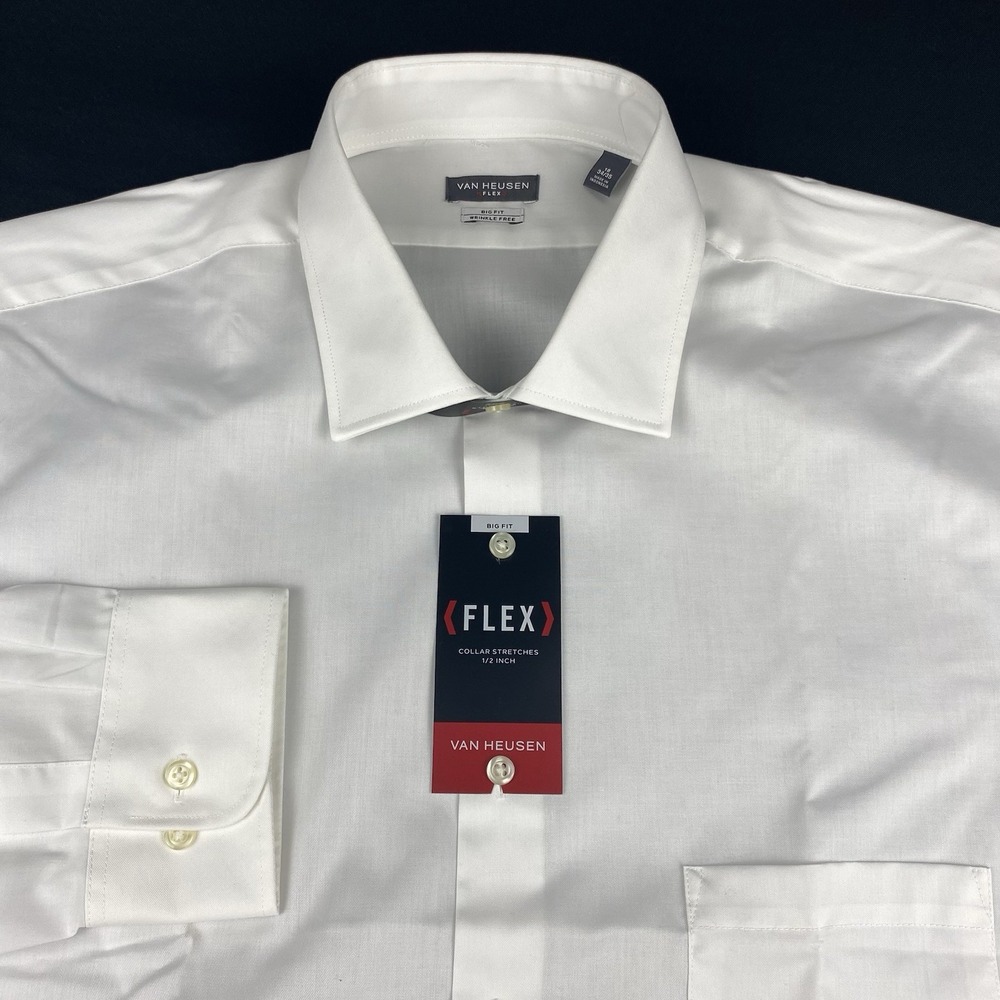 Van Heusen Flex Dress Shirt Mens 18-34/35 White BIG Fit Wrinkle Free NWT!